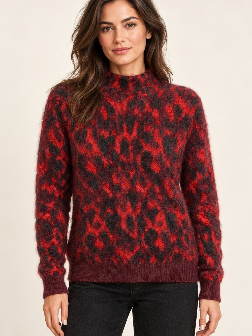 Immagini XS Red Leopard Mohair Wool Blend Mock Neck Sweater Made in Italy